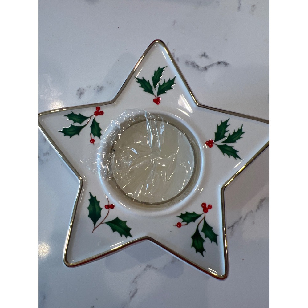 Lenox Holiday Star Votive Porcelain Candle Holder Holly Berry Gold Trim - Picture 8 of 8